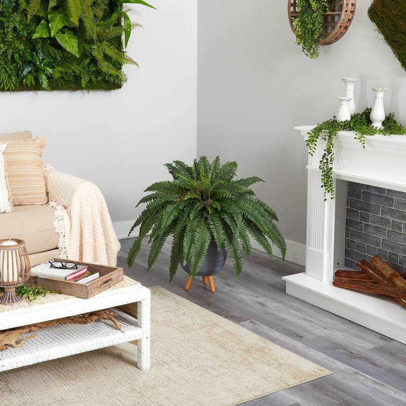 Retro Fern Artificial Plant with Stand - 2.5ft Indoor Greenery in Gray Planter - Home Decor - Green