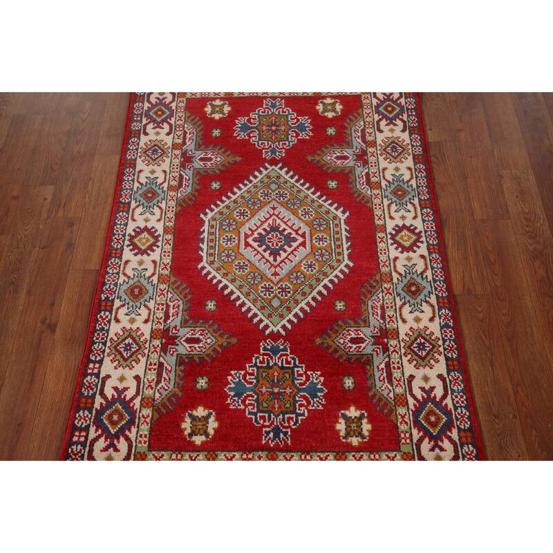 Geometric Red Kazak Accent Rug Home Decor Hand-Knotted Wool Carpet - 2'10" x 4'5"