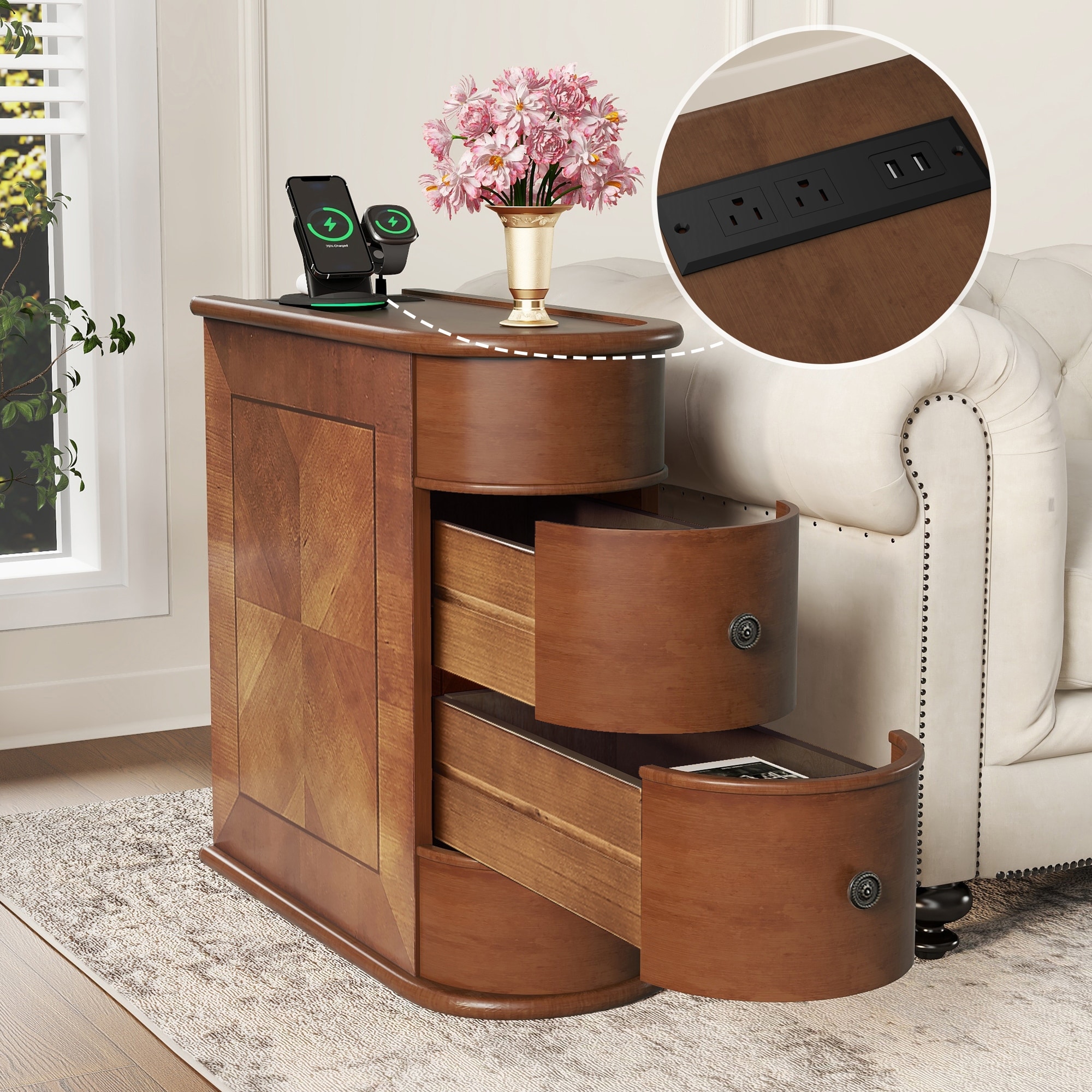 End Table with Charging Station,Sofa Side Table with Drawers, No Assembly Required