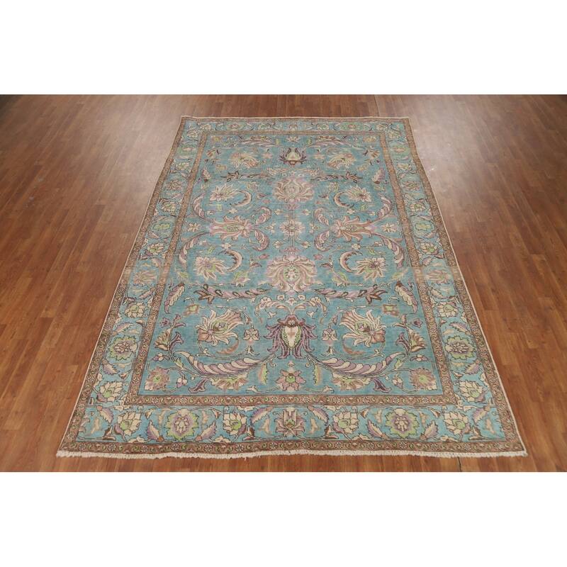 All-Over Blue Floral Tabriz Persian Area Rug Hand-Knotted Wool Carpet - 6'9"x 9'8"