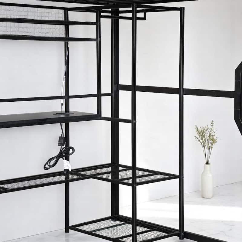 Black Full Metal Loft Bed with Workstation, LED Lights, Storage Cabinet, USB Charging & Open Closet