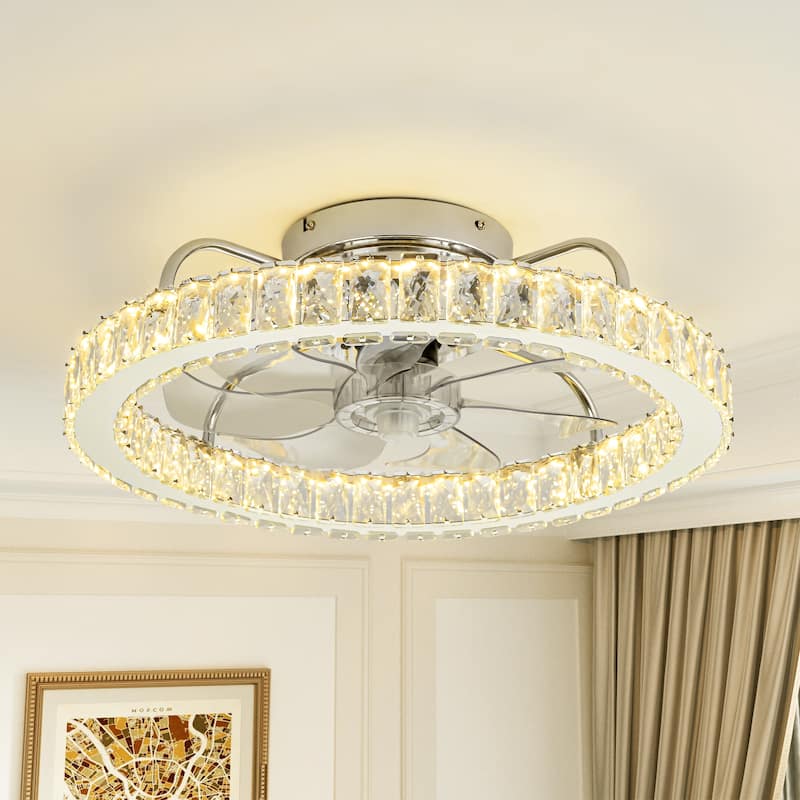 Modern Glam Chrome Round Dimmable Intagrated LED Crystal Ceiling Fan Lighting - 19.6 in. W x 6.2 in. H