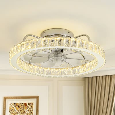 Modern Glam Chrome Round Dimmable Intagrated LED Crystal Ceiling Fan Lighting - 19.6 in. W x 6.2 in. H