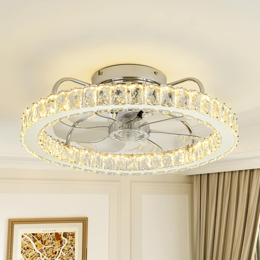 Modern Glam Chrome Round Dimmable Intagrated LED Crystal Ceiling Fan Lighting - 19.6 in. W x 6.2 in. H
