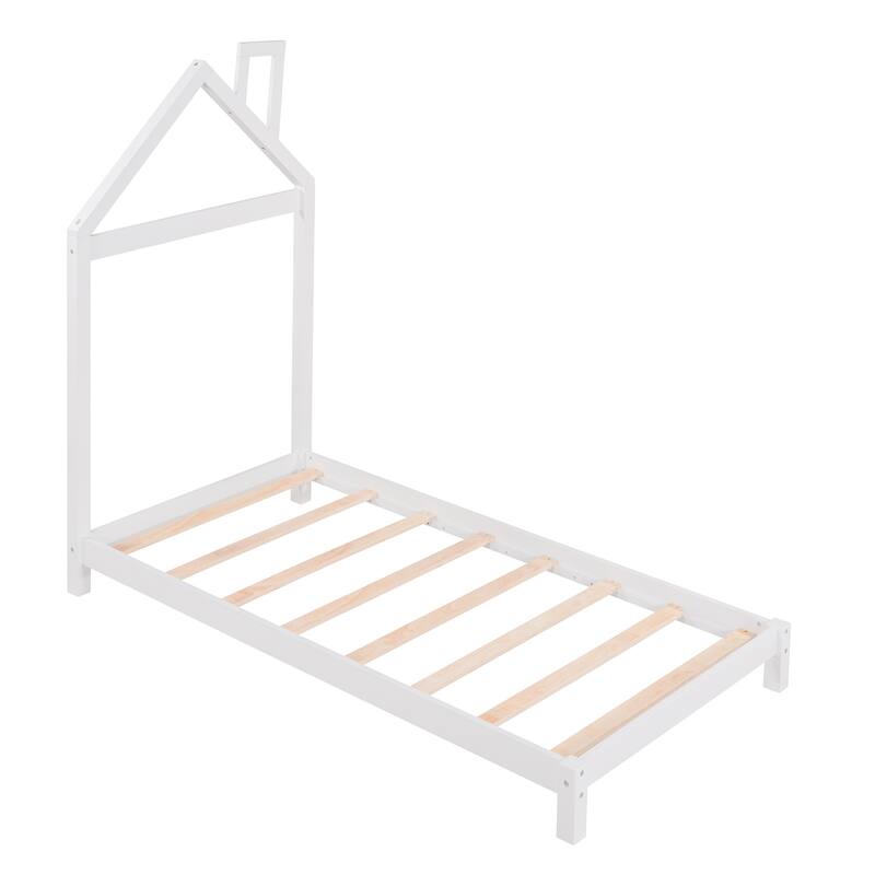 Wood Platform Bed with House-Shaped Headboard