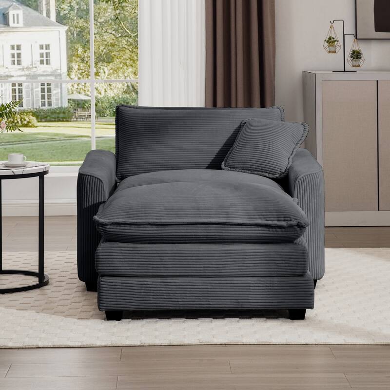 Corduroy Fabric Deep Seat Sofa with Ottoman, Single Deep Seat Accent Sofa Chair with Pillow for Livingroom