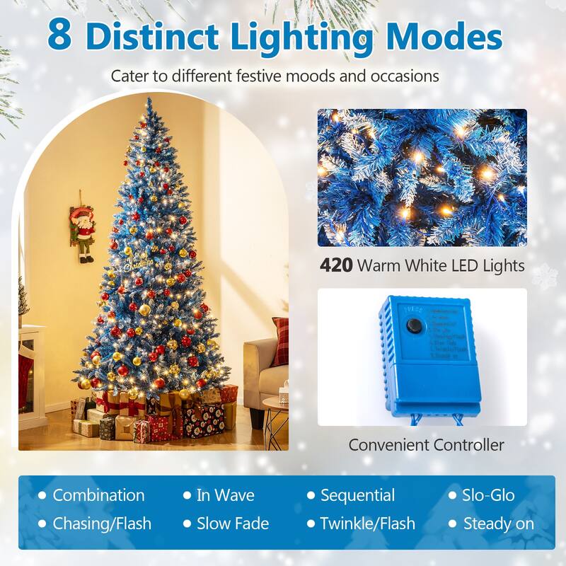 Gymax Pre-Lit Artificial Christmas Tree Blue Hinged Xmas Tree w/