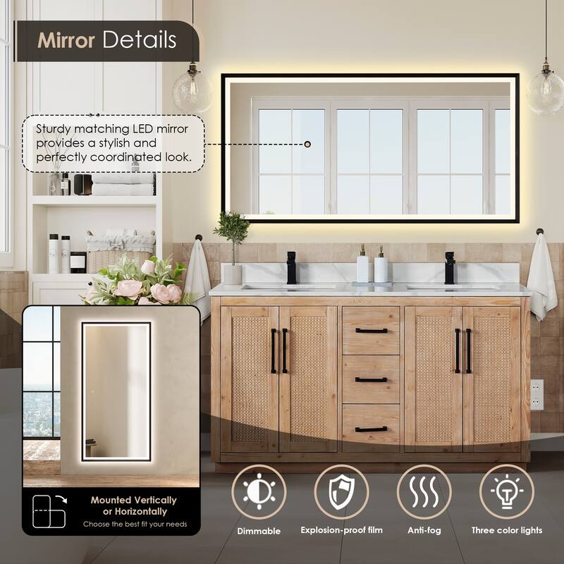 Floral Single Bathroom Vanity in Light Brown with Calacatta White Quartz Countertop with Mirror