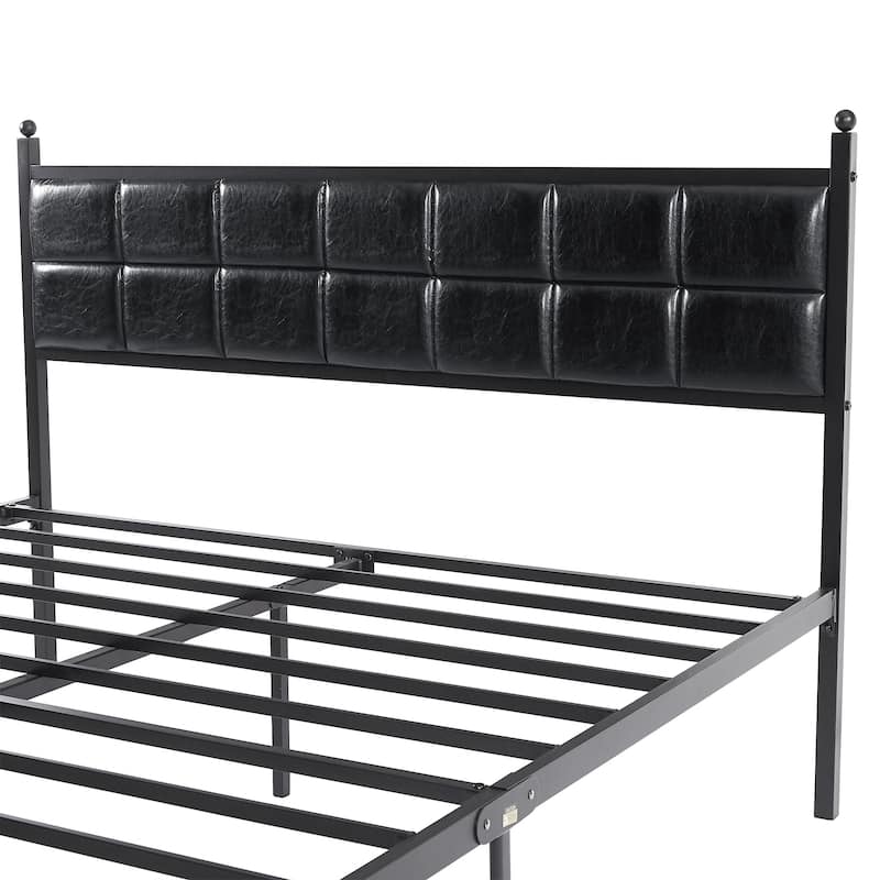 Javlergo Metal Platform Bed Frame Black PU Leather Square Tufted Bed Heavy-Duty Metal Bed Frame No Box Spring Needed