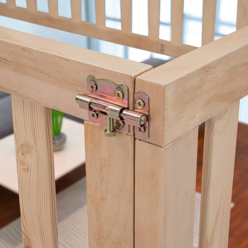 Full Size Wooden Floor Bed Frame with Fence and Door, Montessori Daybed for Kids, No Slats Needed
