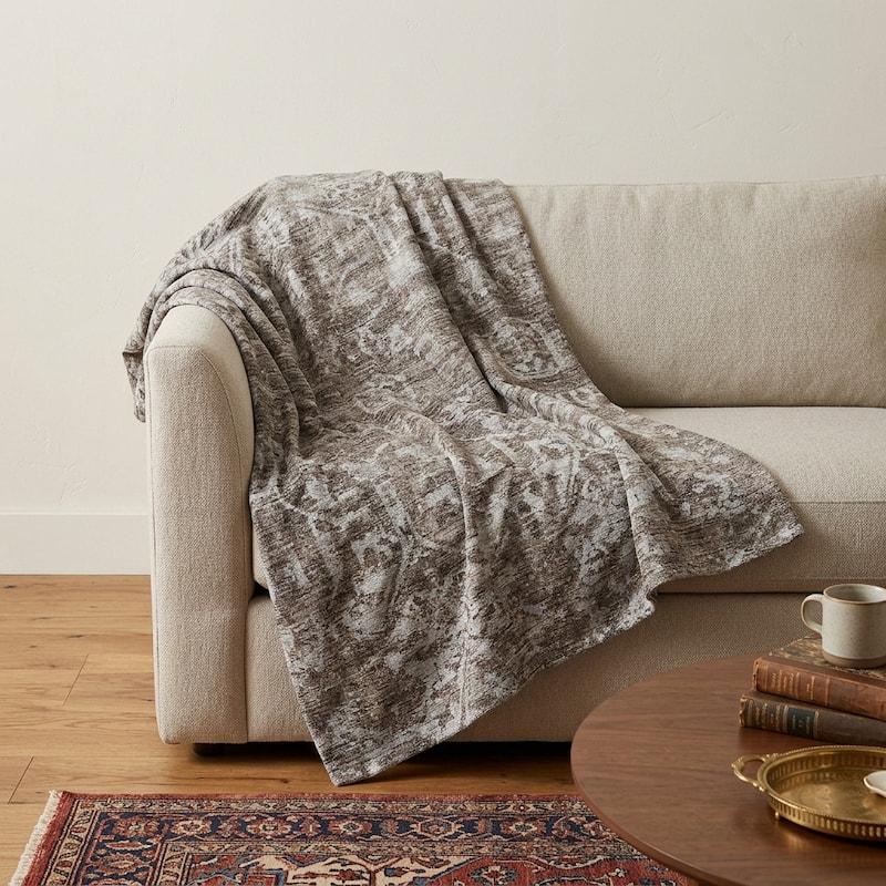 HomeRoots 50" X 70" Brown And Beige Damask Polyester Woven Plush Throw Blanket - Throw - Beige/Brown