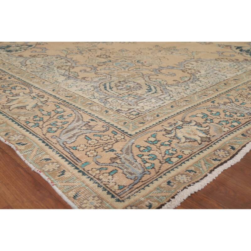 Distressed Tabriz Vintage Persian Rug Handmade Peach Wool Carpet - 9'9" x 12'9"