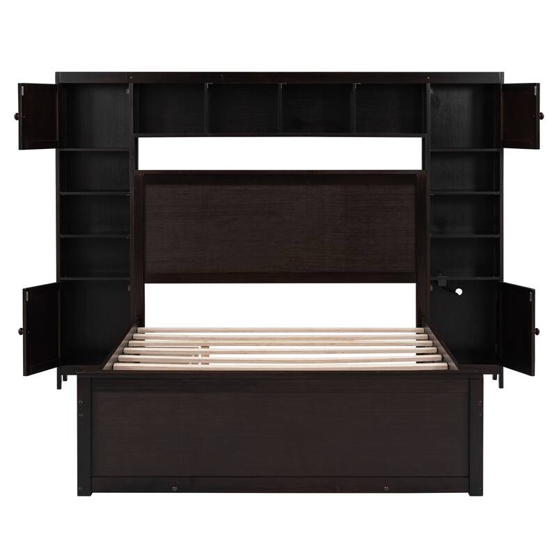 Wood Platform Bed with All-in-One Cabinet and Shelf, Slat Support Bed Frame, Storage Headboard with 10 Shelf Cubes & 4 Cabinets