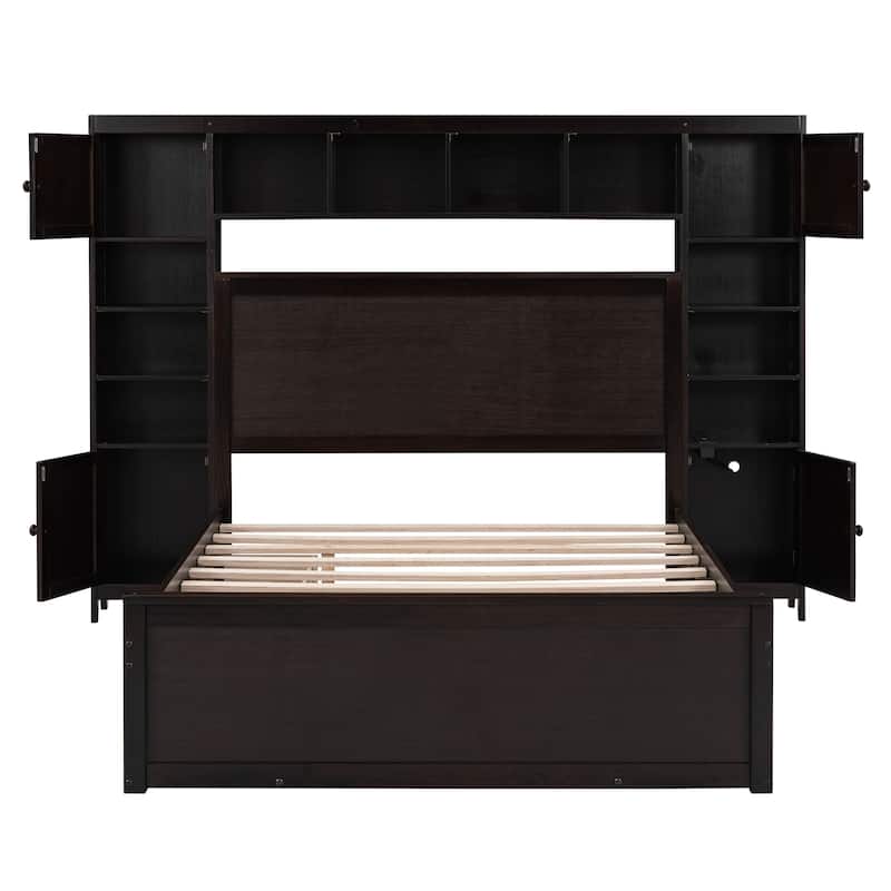Wooden Bed With All-in-One Cabinet, Shelf and Sockets,Twin Size Trundle