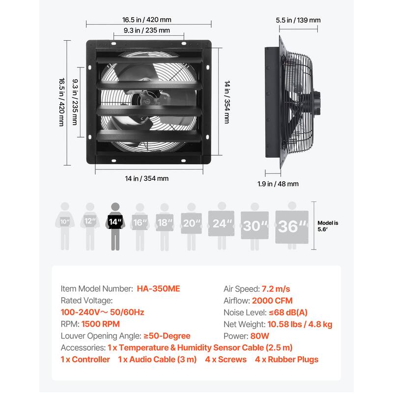 14 inch Shutter Exhaust Fan, Wall Mounted Attic Vent Fan with Programming Variable Speed Temperature Control, 2000 CFM, EC Motor