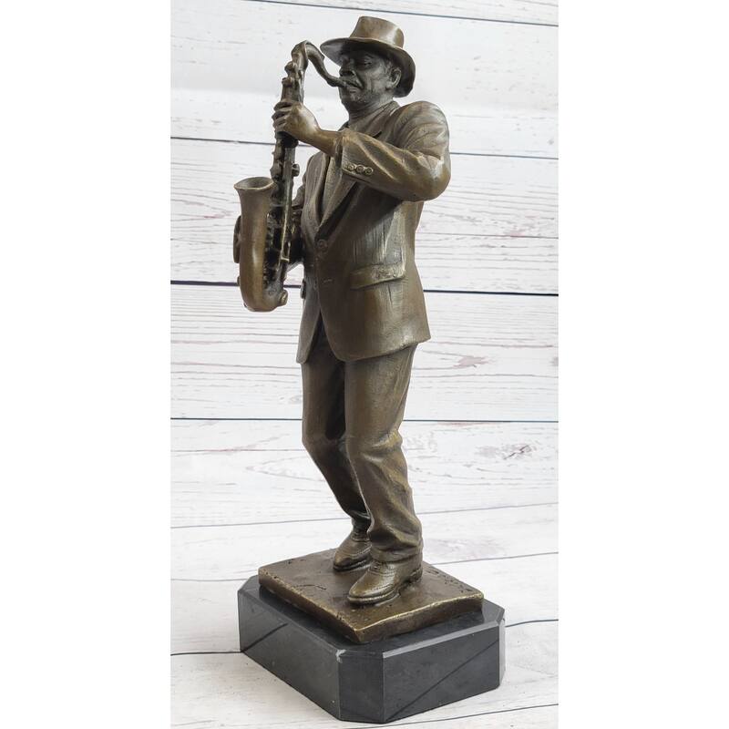 Hot Cast Saxophone Player Bronze Sculpture Marble Base Figurine Figure Home Deco