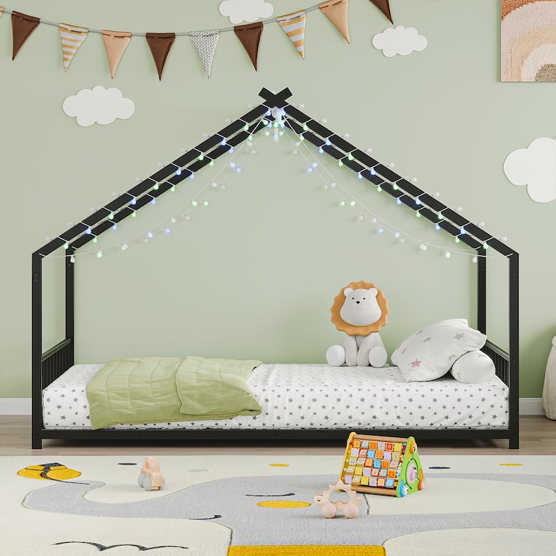 House-shaped Bed Frame, Toddler Kid Iron Floor Bed with House Roof Frame and LED Light Strips, House Daybed - Black - Twin