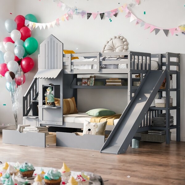 Twin-Over-Twin Castle Style Bunk Bed with 2 Drawers 3
