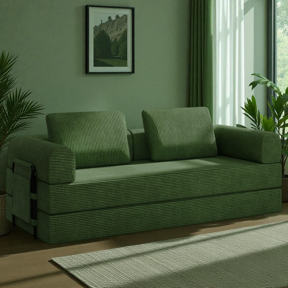 Convertible Corduroy Sleeper Sofa Bed, 3-Seat Folding Floor Couch with Cylindrical Pillow & Fixed-Shape Frame