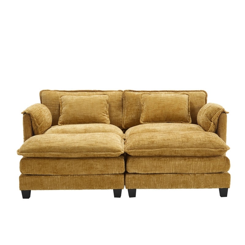 76.77" Chenille Upholstered Sofa with 2 Ottomans