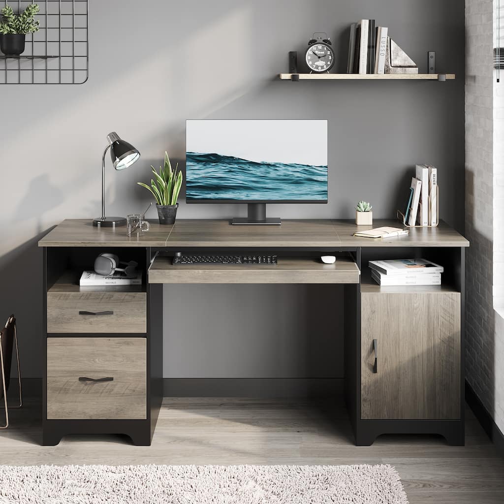 59'' Executive Desk with File and Storage Drawers and Cabinet, Home Office Desk with Keyboard Tray and 2 Open Compartments