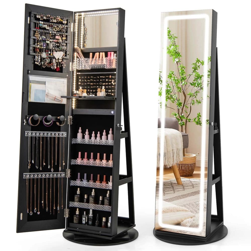 Costway 360° Swivel Jewelry Cabinet Organizer 3-Color LED Mirror with - See Details