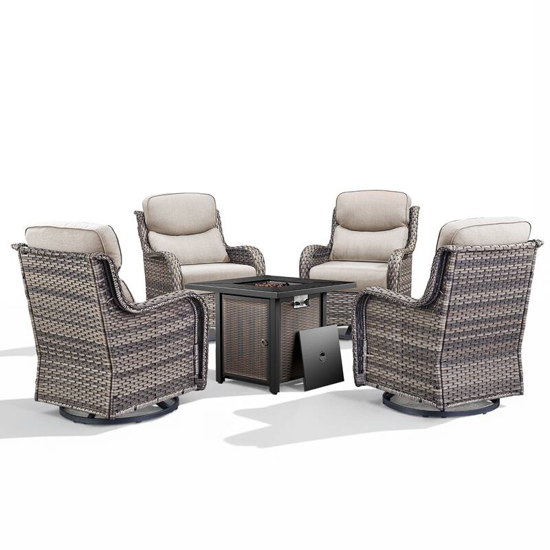 Meyreso 5-Piece Outdoor Patio Wicker Fire Pit 4 person Conversation Set with 5-Inch Thick Cushions