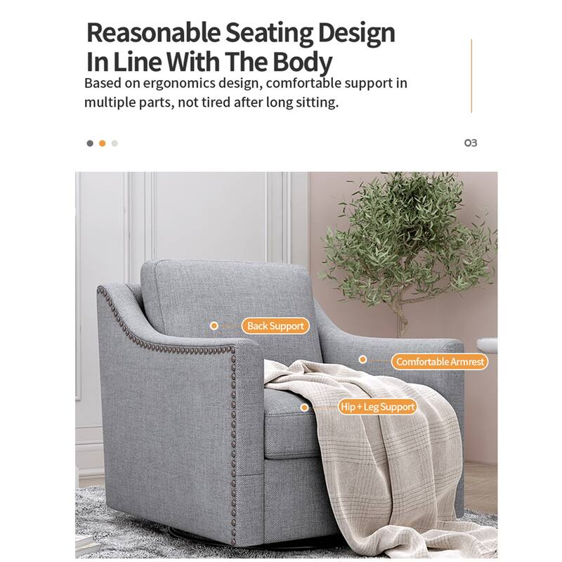 Cotton Linen Swivel Armchair with 360° Rotating Chair and Brass Nail Trim（300lb Capacity）