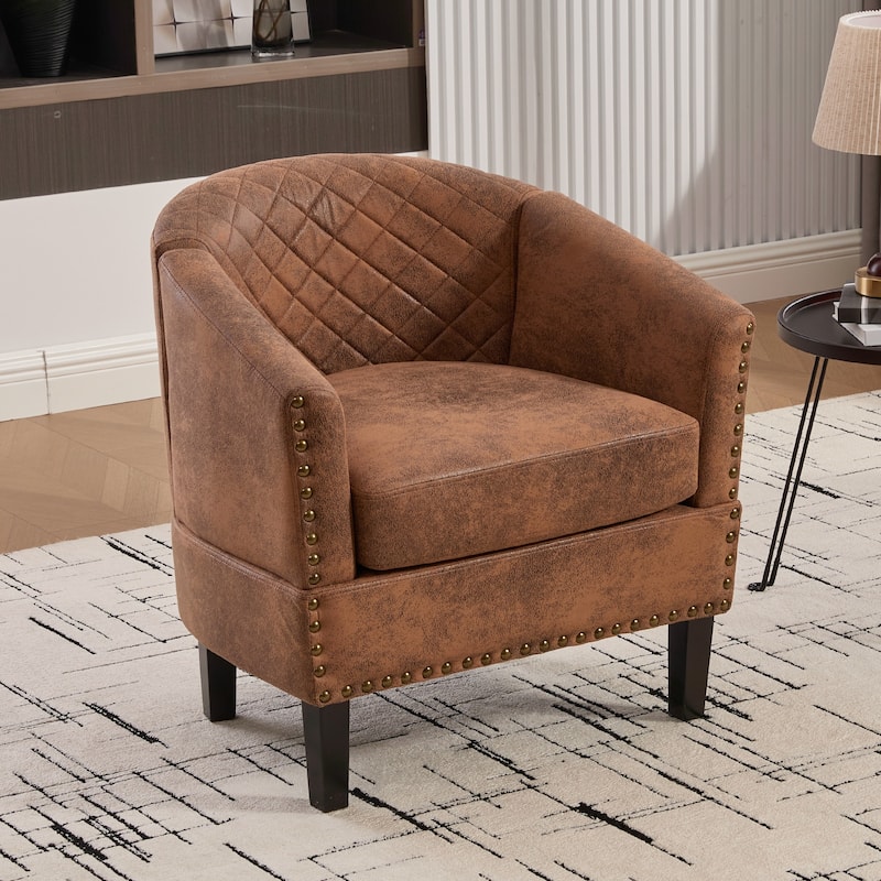 HOMEFUN Leather Upholstered Nailhead Wooden Frame Barrel Club Chair with Solid Woood Legs - Coffee-Microsuede