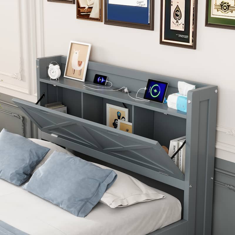 Full Size Wooden Bed with Storage Headboard, Extendable with Twin Trundle and Drawers, Gray