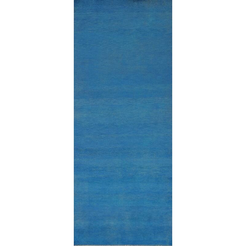 Hand Knotted Oriental 100% Wool Carpet Modern Solid Navy Blue & Blues Gabbeh Runner Rug - 8' 1'' X 3' 0''