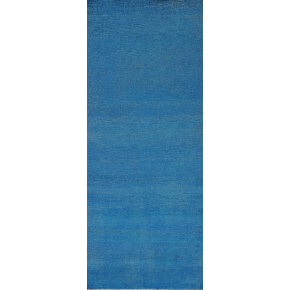 Hand Knotted Oriental 100% Wool Carpet Modern Solid Navy Blue & Blues Gabbeh Runner Rug - 8' 1'' X 3' 0''