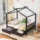 preview thumbnail 18 of 28, Full Size Metal House Platform Kids Bed Frame with Headboard, Footboard, 2-Storage Drawers & Roof Design for Bedroom, White