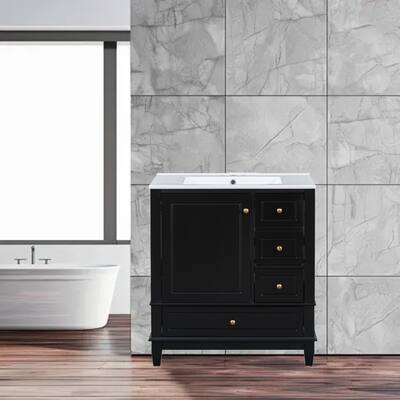 30" Bathroom Vanity with Ceramic Sink, Soft-Close Door, 2-Tier Shelf and 3 Drawers for Storage