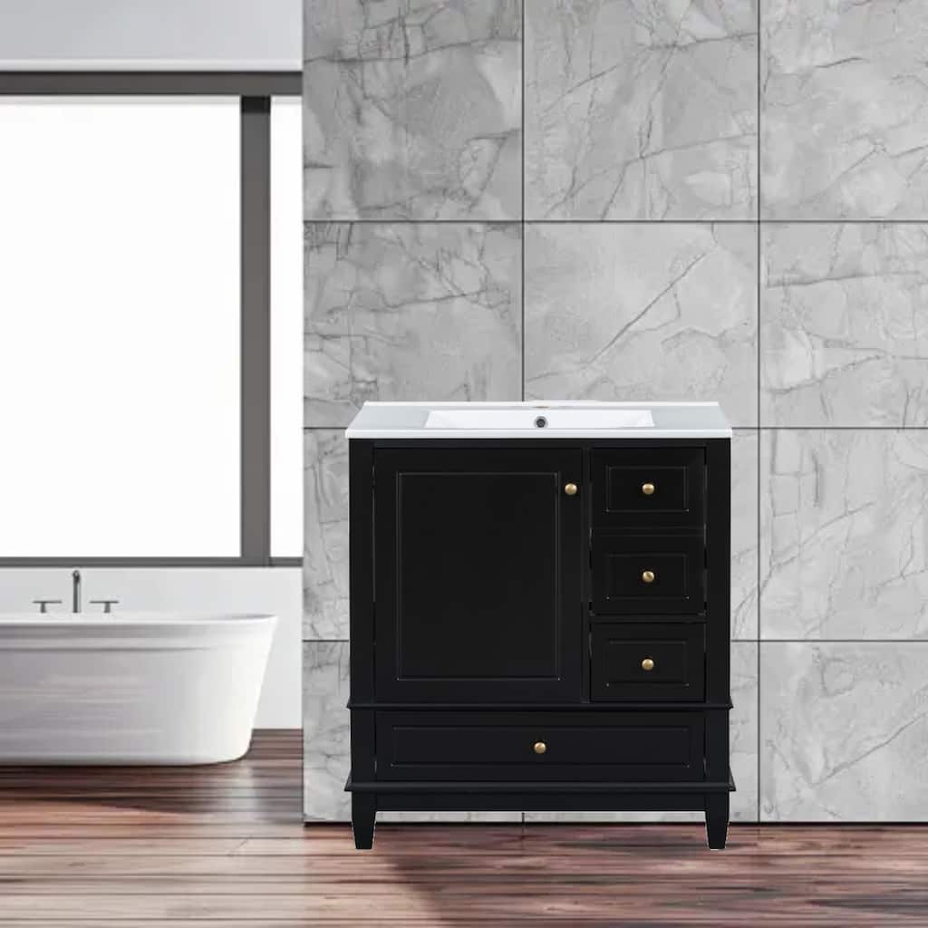 30" Bathroom Vanity with One Door, 3 Drawers, Ceramic Sink, and Soft-Close Hinges