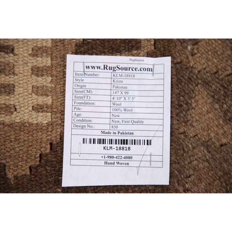 Brown Kilim Oriental Area Rug Flat-weave Wool Carpet - 3'3" x 4'10"