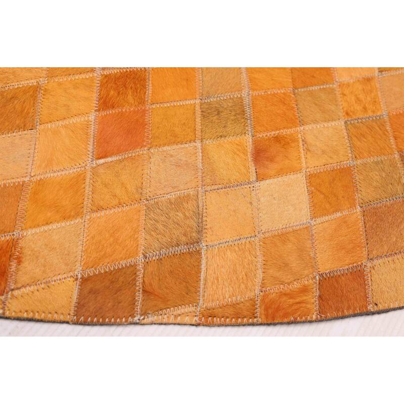 ECARPETGALLERY Handmade Cowhide Patchwork Orange Leather Rug - 7' x 7'