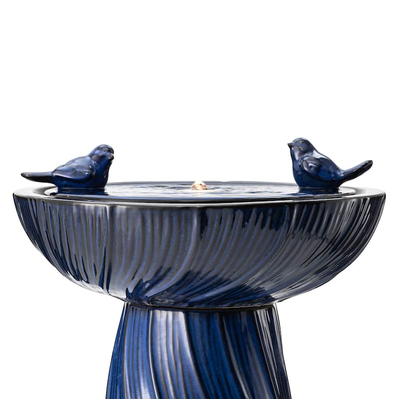 Glitzhome 27.5"H Two Birds Embossed Ceramic LED Birdbath Patio Outdoor Fountain