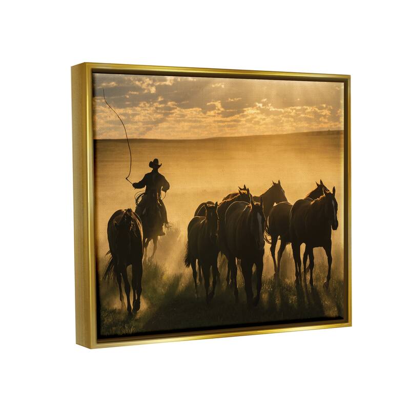 Stupell Cowboy & Horses at Sunset Framed Floater Canvas Wall Art Design by PBurchettePhoto