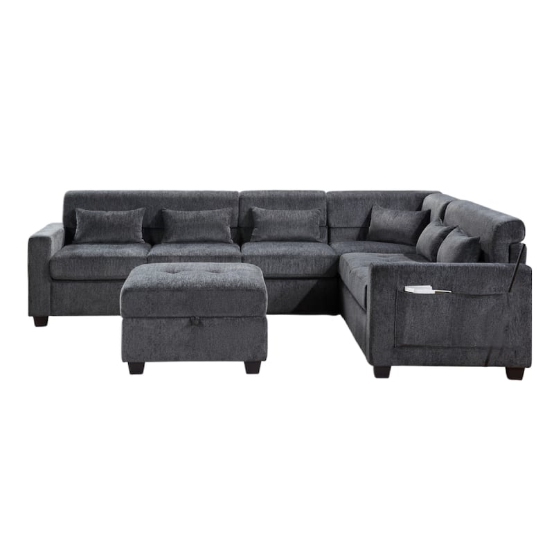 Reyna Sectional Sofa, Ottoman, Adjustable Back, Gray Chenille 115 Inch