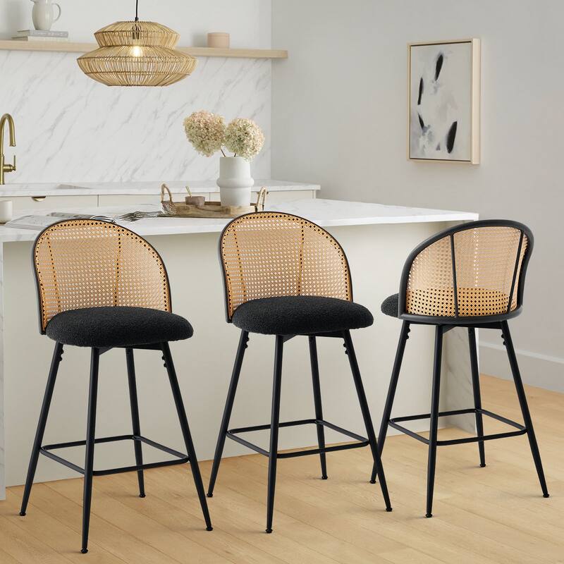 Upholstered Swivel Counter/ Bar Stools with Rattan Back