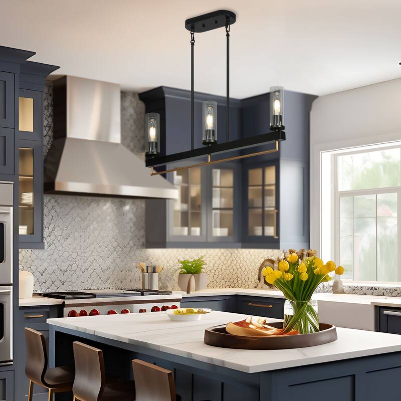 Modern Industrial 3/5-Light Chandelier Black Gold Kitchen Island Light Fixture with Clear Glass for Dining Room