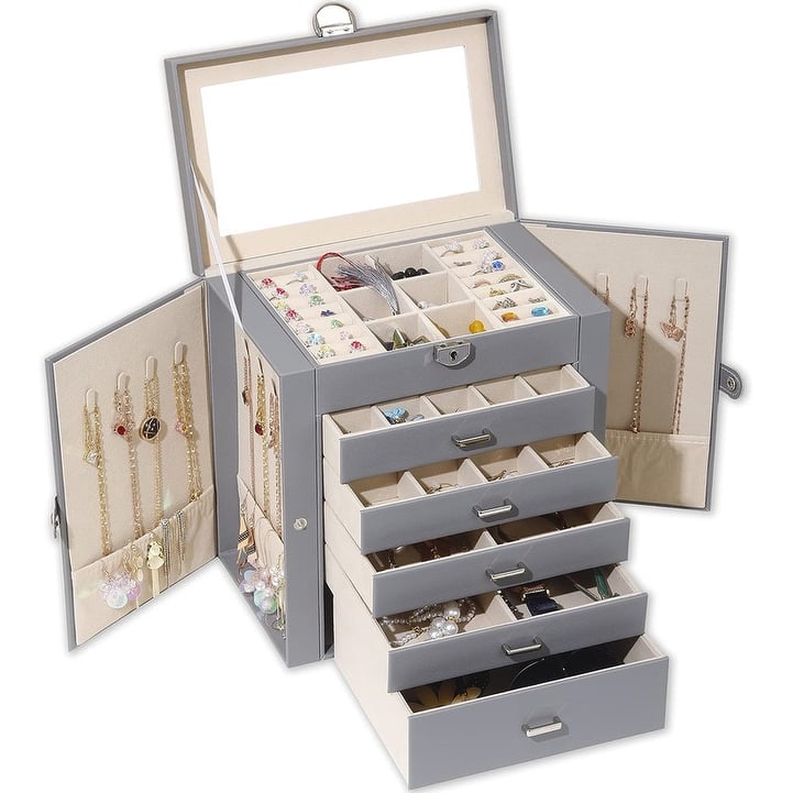 6 Layer Large Jewelry Organizer With Mirror - 6.6"D x 10.6"W x 11"H - Grey