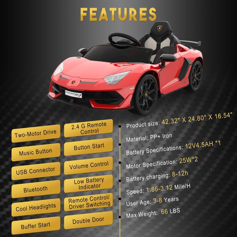 Ride On Car for Kids 12V Lamborghini Licensed Sports Car with Control
