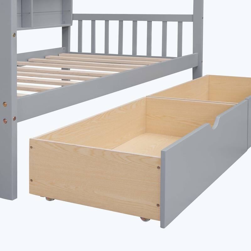 Comfortable Wooden House Bed with 2 Drawers,Kids Bed with Storage Shelf