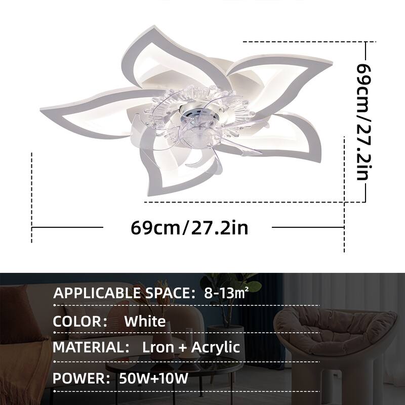 27In Ceiling Fan with Lights Remote Contro Dimmable LED,6 Gear Wind Speed Fan Light - White