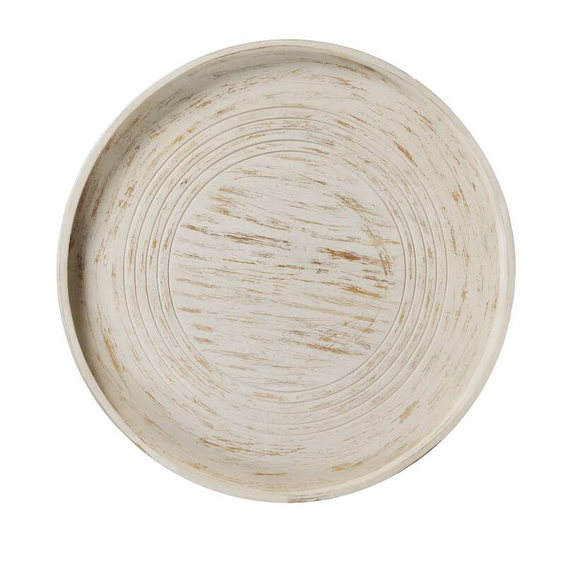 33 Inch Coffee Table, Solid Mango Wood, Handcrafted Round Grooved Raised Edge Distressed White