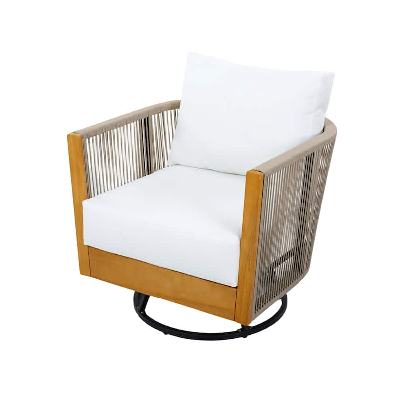 Christopher Knight Home - Alder Acacia Wood Outdoor Handwoven Cushioned Swivel Chairs Set with 27.5" Round Slat-Top Bistro Table