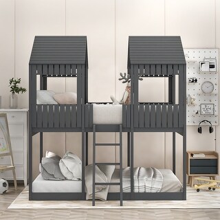 Full Over Full Bunk Bed with Roof, with Ladder,Window & Guardrail