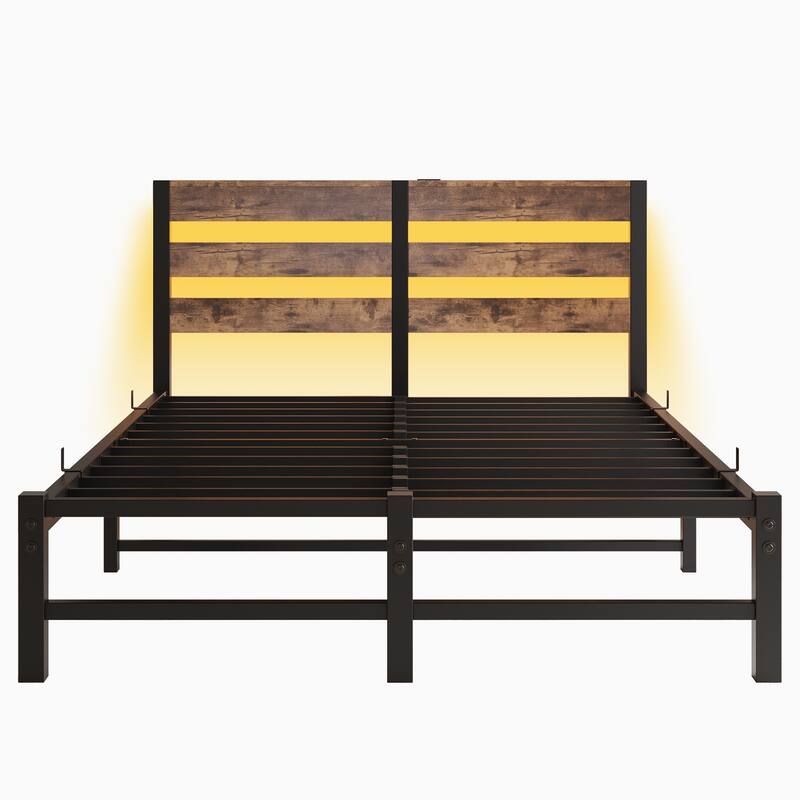 Beige+Brown Full Size Metal Bed with Wooden Headboard, RGB Lights, and Storage Shelf